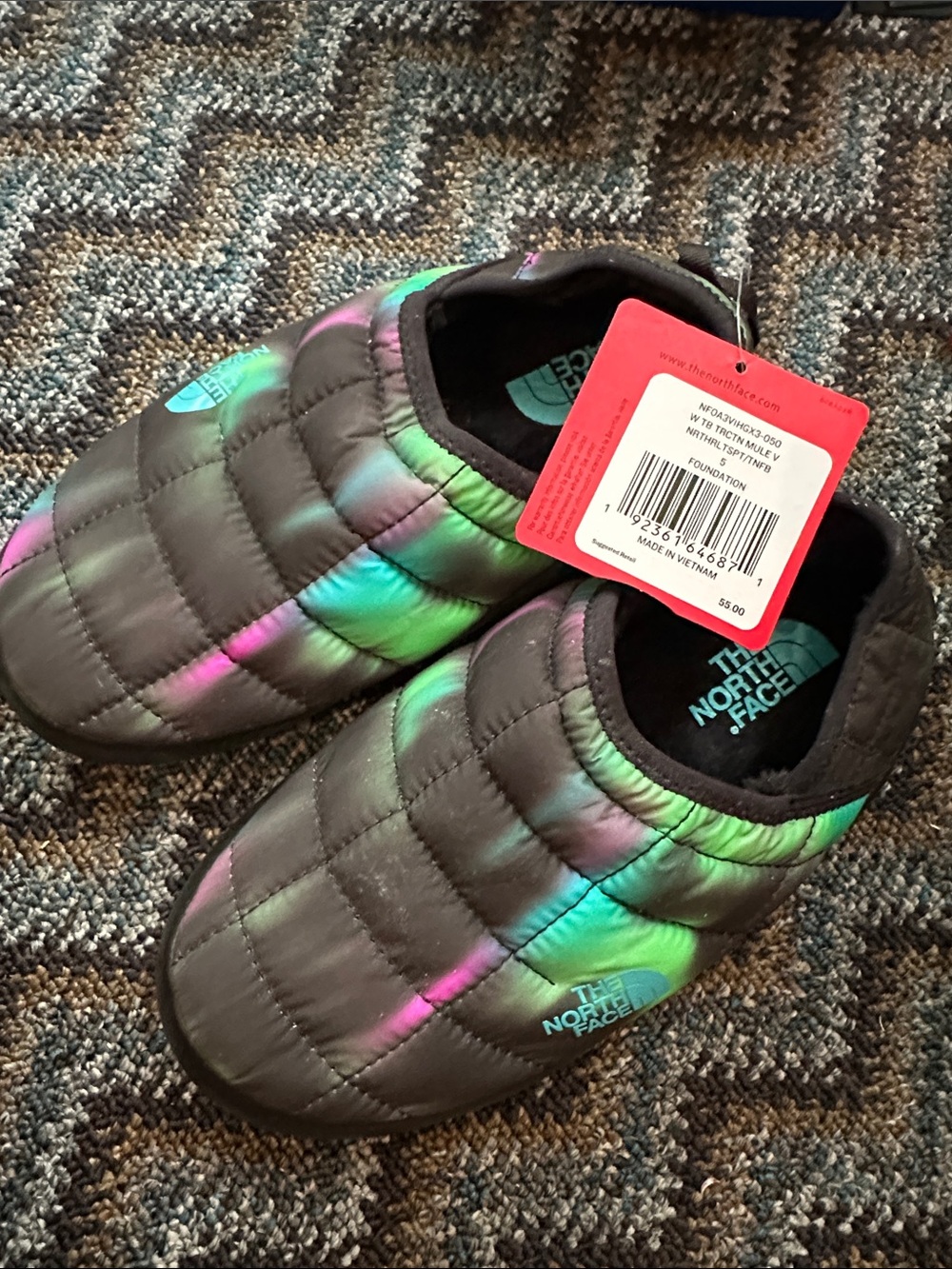 The North Face Kids Iridescent Green and Purple Quilted Slip-On Slippers